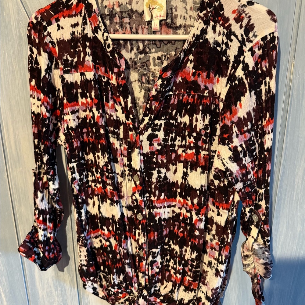 fig and flower Black, White, Red & Purple Abstract Button-Front Blouse